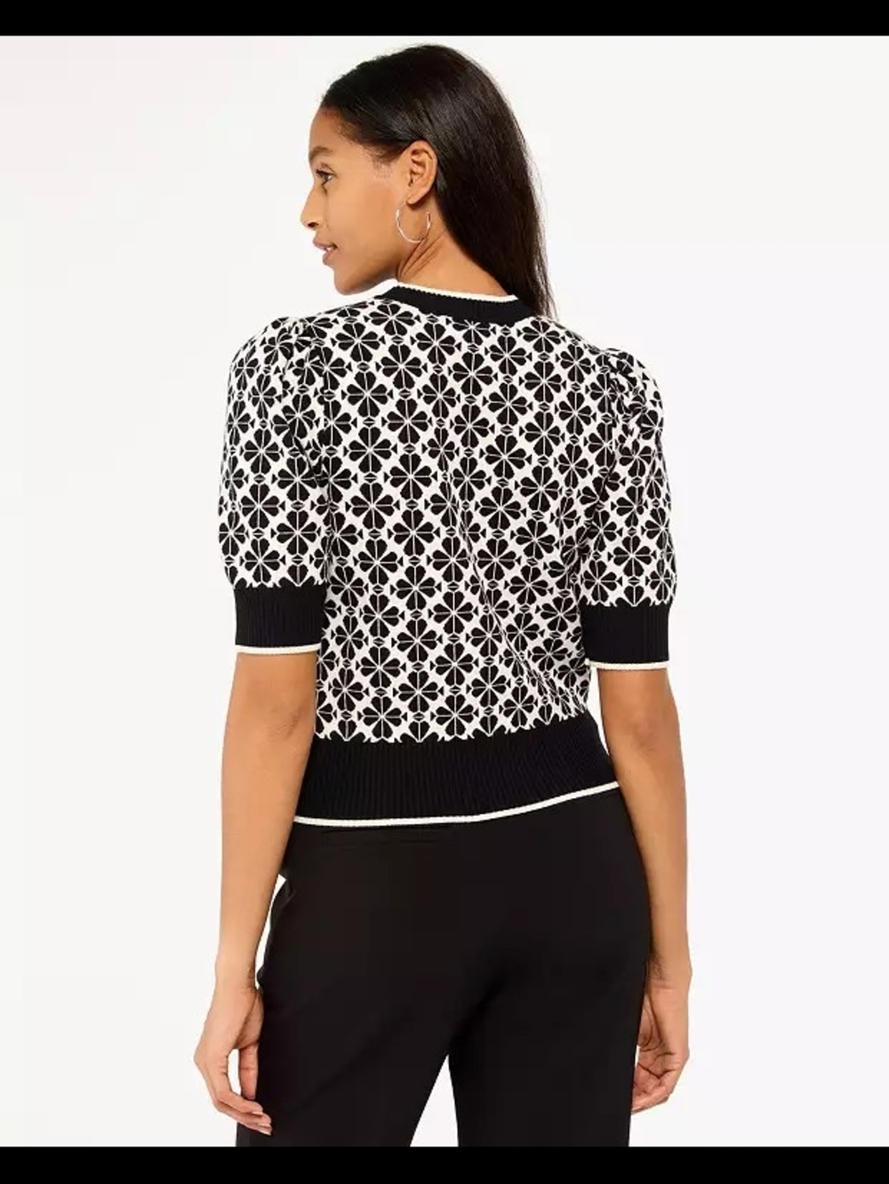 kate spade Black & White Spade Flower Jacquard Crewneck Sweater, Size XS. - Picture 3 of 4